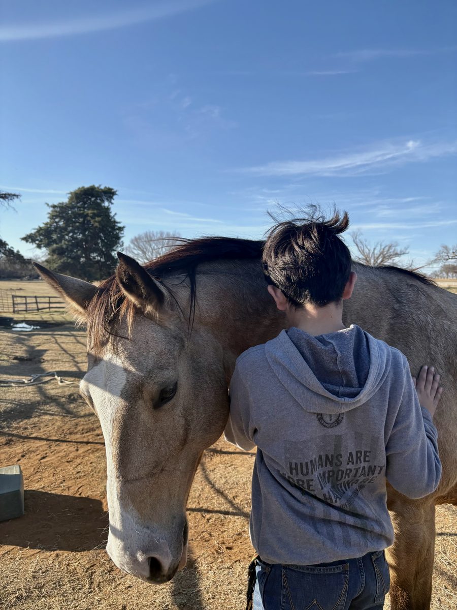 An LFG Academy student standing quietly with a horse